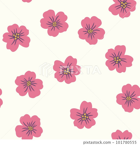 Hand drawn seamless pattern of tiny ditsy flowers. Pink floral print on light pastel ecru background, vintage retro minimalist style, small daisy nature art, spring summer garden five petals. Hand drawn seamless pattern of tiny ditsy flowers. Pink floral print on light pastel ecru background, vintage retro minimalist style, small daisy nature art, spring summer garden five petals. 101780555