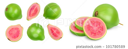 Guava fruit with slices isolated on white background with full depth of field. Top view. Flat lay. Set or collection 101780589