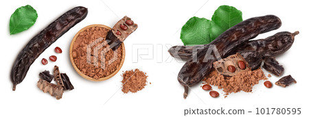 Carob pod and powder isolated on white background with full depth of field. Top view. Flat lay 101780595