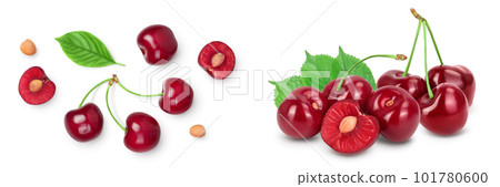 red sweet cherry isolated on white background . Top view. Flat lay 101780600