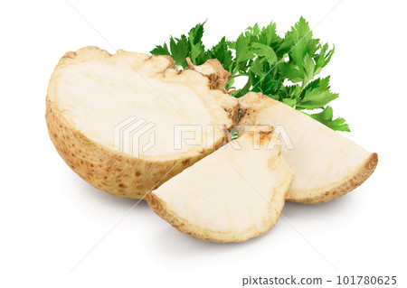 Fresh celery root half and slice isolated on white background 101780625