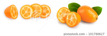 Cumquat or kumquat with half isolated on white background with copy space for your text. Top view. Flat lay Cumquat or kumquat with half isolated on white background with copy space for your text. Top view. Flat lay 101780627