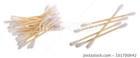 Cotton ear stick isolated on white background macro top view. Flat lay Cotton ear stick isolated on white background macro top view. Flat lay 101780642