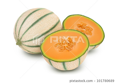 Cantaloupe melon isolated on white background with full depth of field, Cantaloupe melon isolated on white background with full depth of field, 101780689