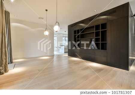 an empty living room with wood flooring and built in cabinetry on the right side, there is a large window to the 101781307
