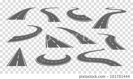 Street road path, highway in perspective. Winding pathway lane, straight way to horizon, asphalt speedway. City autobahn kit, creator isolated parts. Crossroad constructor. Vector current design set Street road path, highway in perspective. Winding pathway lane, straight way to horizon, asphalt speedway. City autobahn kit, creator isolated parts. Crossroad constructor. Vector current design set 101781444