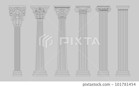 Roman, greek columns. Antique rome pillar, classic baroque temple, ancient doric architecture. Building facade with carved stone decorations. Line isolated elements. Vector tidy white decoration Roman, greek columns. Antique rome pillar, classic baroque temple, ancient doric architecture. Building facade with carved stone decorations. Line isolated elements. Vector tidy white decoration 101781454