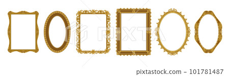 Realistic picture frames. Empty gold museum borders. Golden photo antique ornate. Old Victorian royal ornaments. Luxury rococo art. Isolated oval and square decorative frameworks. Vector exact set 101781487