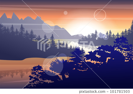 Calming river landscape. Peaceful sunrise. Natural lake or fjords. Large evening sunset scene. Forest park scenic scenery. Silhouette trees. Hills wild panorama. Sun light. Vector garish outdoor place 101781503