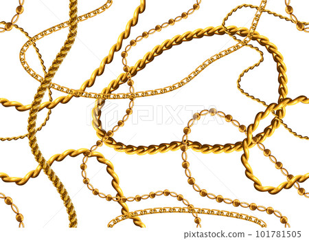 Gold jewellery pattern. Baroque scarf. White precious metal texture. Golden necklace for textile print. Vintage luxury fashion. Metallic bracelets. Bijouterie braid. Vector exact seamless background Gold jewellery pattern. Baroque scarf. White precious metal texture. Golden necklace for textile print. Vintage luxury fashion. Metallic bracelets. Bijouterie braid. Vector exact seamless background 101781505