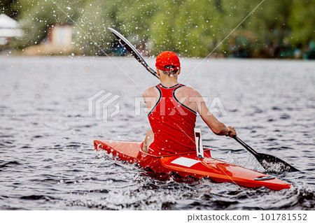 male athlete kayaker on kayak single rowing kayaking championship race, sports summer games 101781552