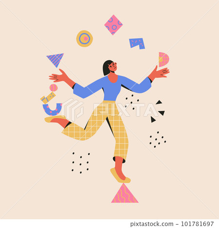 Multitasking concept. Woman balances on a triangle and juggle abstract shapes. Modern vector cartoon flat illustration in trendy colors. Time management, productivity, skillful Multitasking concept. Woman balances on a triangle and juggle abstract shapes. Modern vector cartoon flat illustration in trendy colors. Time management, productivity, skillful 101781697