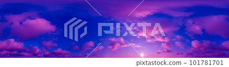 Blue sky panorama with magenta Cirrus clouds in Seamless spherical equirectangular format. Full zenith for use in 3D graphics, game and editing aerial drone 360 degree panoramas for sky replacement. 101781701