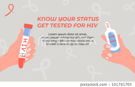 HIV AIDS awareness vector flat banner banner. Know your status - get tested for HIV. Hands hold test tube with bloode and self-test. Modern illustration in trendy colors HIV AIDS awareness vector flat banner banner. Know your status - get tested for HIV. Hands hold test tube with bloode and self-test. Modern illustration in trendy colors 101781705