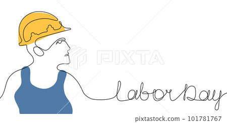 Happy Labor Day banner with builder in trendy one continuous line art style. Vector linear abstract illustration 101781767
