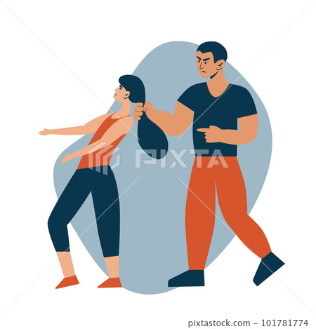 Stop domestic violence. Social issues, abuse and agression on women, harassment and bullying. Violence against woman. Man hitting his wife. Flat illustration, isolated on a white background. 101781774