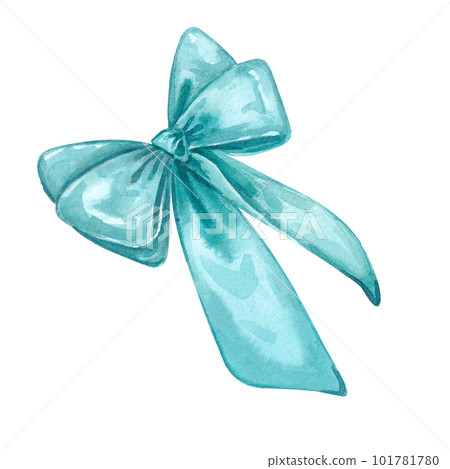 Turquoise satin ribbon bow on a white background. Watercolor illustration of jewelry for gifts. Collection Provencal bouquet. The illustration is suitable for design, invitations, postcards, weddings. 101781780