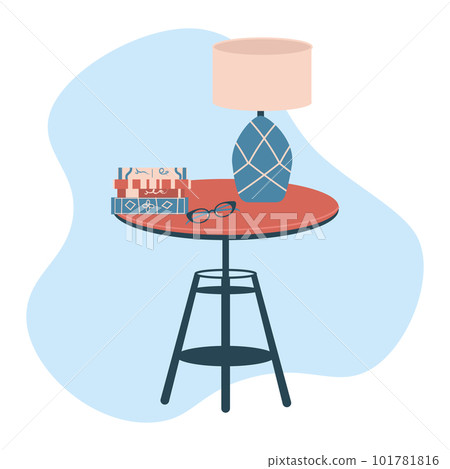 Cozy room interior with wooden nightstand, table lamp and books. Hygge style, flat vector illustration of home design, isolated on a white Cozy room interior with wooden nightstand, table lamp and books. Hygge style, flat vector illustration of home design, isolated on a white 101781816