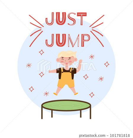 Cute little smiling blond boy jumping on trampoline. Cartoon vector illustration, isolated on a white 101781818