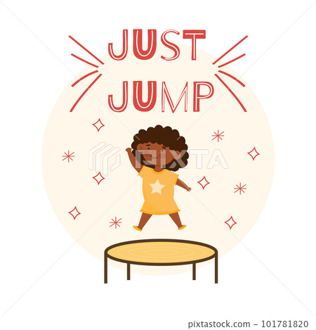 Cute little smilinng afro american girl in the yellow dress jumping on trampoline. Cartoon vector illustration, isolated on a white 101781820
