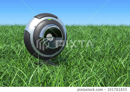 Webcam on the green grass against blue sky, 3D rendering 101781833