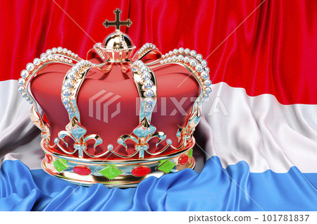 Royal golden crown with jewels on the Grand Duchy of Luxembourg flag background, 3D rendering Royal golden crown with jewels on the Grand Duchy of Luxembourg flag background, 3D rendering 101781837