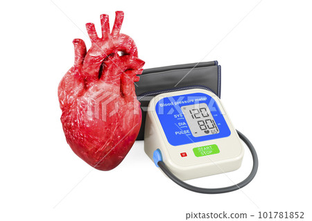 Automatic Digital Blood Pressure Monitor with human heart. 3D rendering 101781852