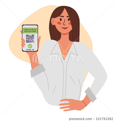 Certificate of vaccination vector flat cartoon illustration. Young women showing smartphone with vaccine QR code in mobile app or screen. Covid-19 coronavirus vaccine certificate 101781892
