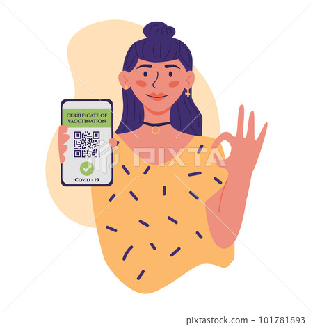 Certificate of vaccination vector flat cartoon illustration. Young women showing smartphone with vaccine QR code in mobile app or screen. Covid-19 coronavirus vaccine certificate Certificate of vaccination vector flat cartoon illustration. Young women showing smartphone with vaccine QR code in mobile app or screen. Covid-19 coronavirus vaccine certificate 101781893