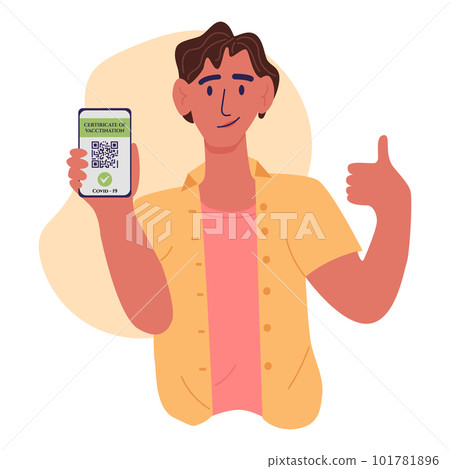 Certificate of vaccination vector flat cartoon illustration. Young man showing smartphone with vaccine QR code in mobile app or screen. Covid-19 coronavirus vaccine certificate Certificate of vaccination vector flat cartoon illustration. Young man showing smartphone with vaccine QR code in mobile app or screen. Covid-19 coronavirus vaccine certificate 101781896