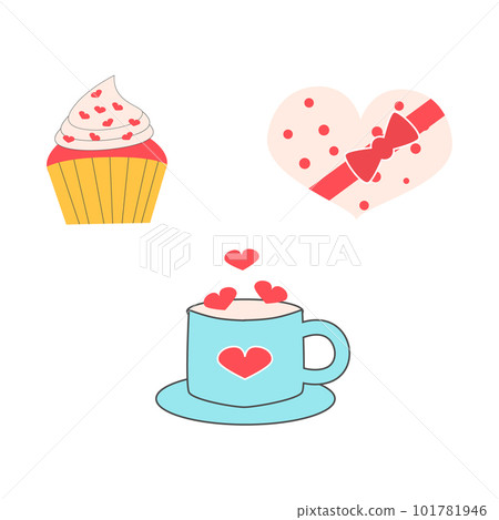 Cute tea cup, cupcake and box of sweets. 14 february, Valentine s Day, Love, wedding concept. Flat illustration. 101781946