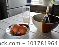 Ingredients for preparing scrambled eggs for breakfast 101781964