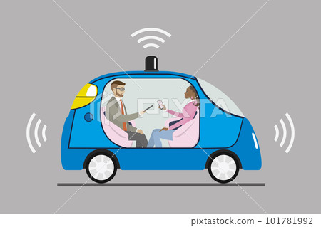 Self driving car with male and female passengers 101781992