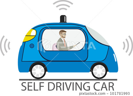 Self driving car with male passenger 101781993