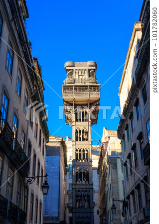 Santa Justa lift in Lisbon, Portugal. Famous landmark and entertaining tourist attraction with viewing platform upstairs Santa Justa lift in Lisbon, Portugal. Famous landmark and entertaining tourist attraction with viewing platform upstairs 101782060