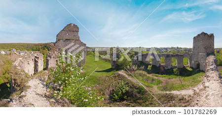Spring view of Sydoriv Castle ruins (built in 1640s). Sydoriv village,  located 7 km south of Husiatyn town, Ternopil region, Ukraine. 101782269