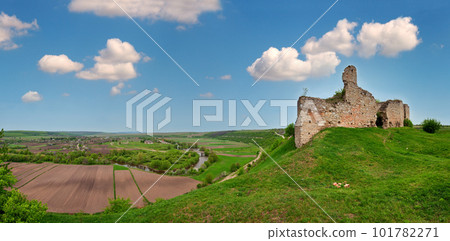 Spring view of Chernokozinetsky castle ruins (Chernokozintsy village , Kamyanets-Podilsky region, Khmelnytsky Oblast, Ukraine). Built in second half of XIV th century. Spring view of Chernokozinetsky castle ruins (Chernokozintsy village , Kamyanets-Podilsky region, Khmelnytsky Oblast, Ukraine). Built in second half of XIV th century. 101782271