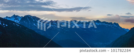 Sunset summer mountain panorama landscape. View from Timmelsjoch - high alpine road on Italian - Austria border. 101782284