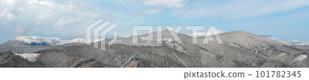 Picturesque winter morning mountains panorama view from Skupova mountain alpine slope. Verkhovyna district, Ukraine, view to Chornohora ridge and Pip Ivan mountain top, Carpathian. Picturesque winter morning mountains panorama view from Skupova mountain alpine slope. Verkhovyna district, Ukraine, view to Chornohora ridge and Pip Ivan mountain top, Carpathian. 101782345