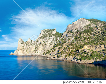 Summer rocky coastline with juniper trees ("Novyj Svit" reserve, "Rhinoceros" cape, Crimea, Ukraine). 101782463