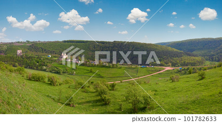 Spring view of Chervonohorod Castle  ruins ( Nyrkiv village , Zalischyky Raion, Ternopil Oblast, Ukraine). Built in  early 17th century. 101782633