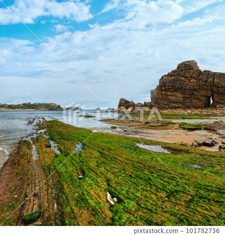 Spring sea rocky coast view with hole in rock and algae on stone (Playa Del Portio, Biskaya, Cantabria, Spain). 101782736