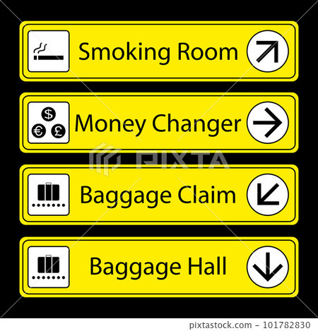 Yellow Airport Signs with monochromatic pictograms Yellow Airport Signs with monochromatic pictograms 101782830