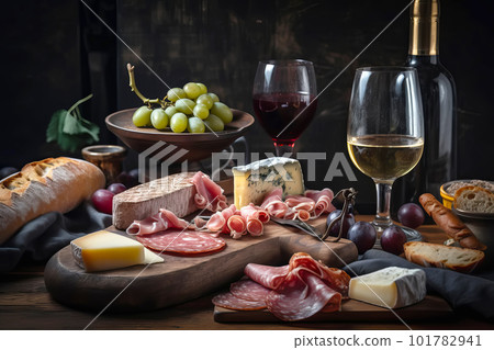 Italian appetizer prosciutto and cheeses served on a wooden board platter with figs and grape. Generative AI illustration Italian appetizer prosciutto and cheeses served on a wooden board platter with figs and grape. Generative AI illustration 101782941