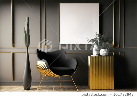 Frame mockup in an elegant black art deco interior with gold decor. Generative AI illustration Frame mockup in an elegant black art deco interior with gold decor. Generative AI illustration 101782942
