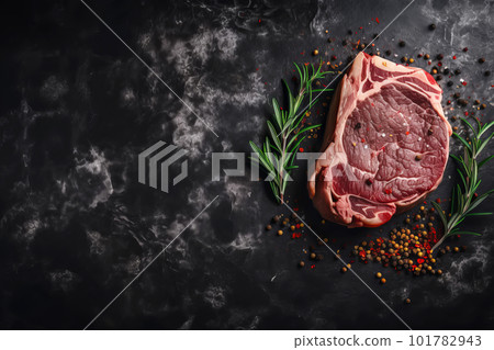 Raw beef steak with seasonings on stone background. Generative AI illustration 101782943