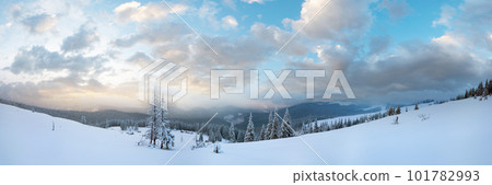 Evening twilight winter calm mountain panorama with sheds group and mount ridge behind (Carpathian Mountains, Ukraine). 101782993