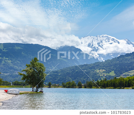 Lake Passy and Mont Blanc mountain massif summer view. Lake Passy and Mont Blanc mountain massif summer view. 101783023