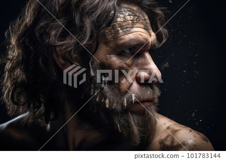 Portrait of prehistoric man on dark background. Generative AI 101783144