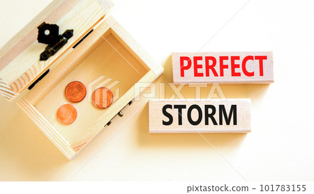 Perfect storm symbol. Concept words Perfect storm on beautiful wooden block. Beautiful white table white background. Wooden chest with coins. Business and Perfect storm concept. Copy space. 101783155